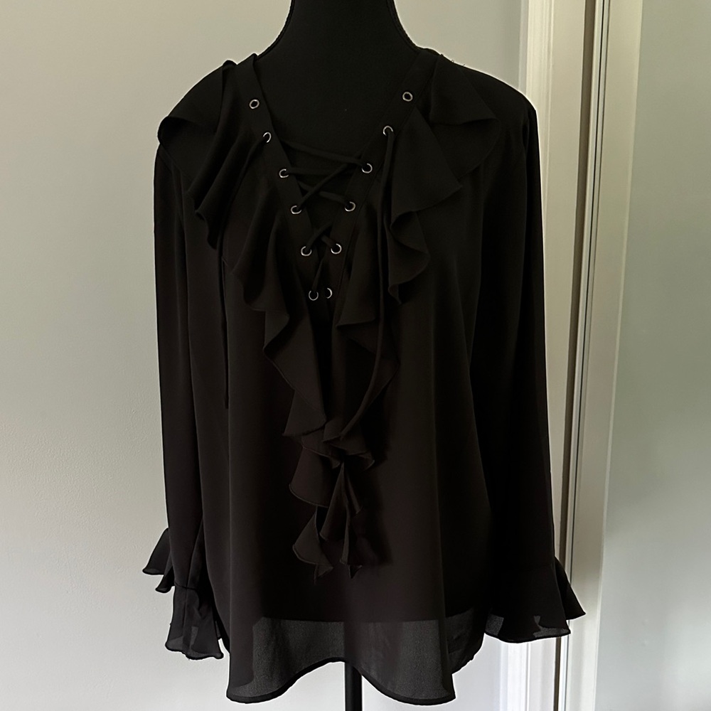 Sioni Black Ruffle Lace-Up Long Sleeve Blouse